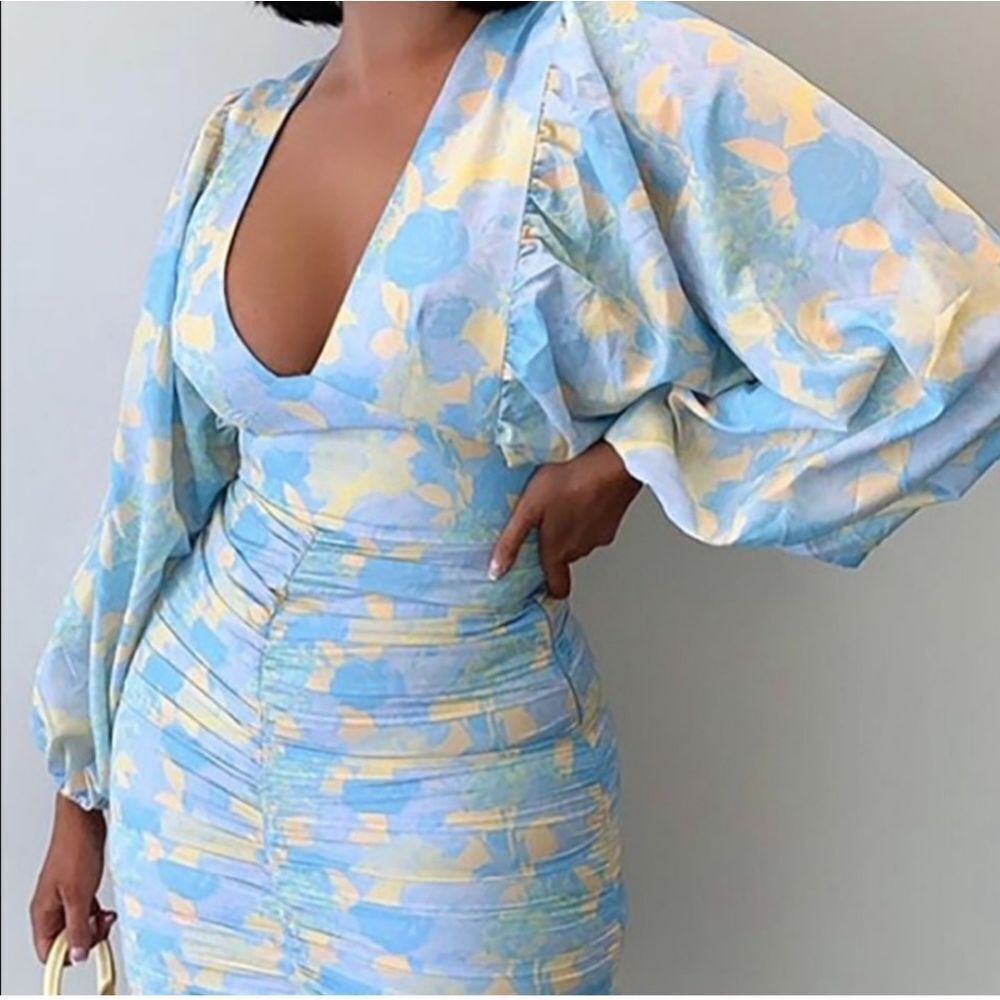 Chic Me blue yellow balloon sleeve dress flirty sexy check measurement Sz L NWOT